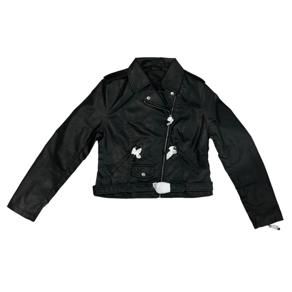 Max Studio Faux Leather Cropped Moto Jacket Black New Punk Metal Silver Goth
